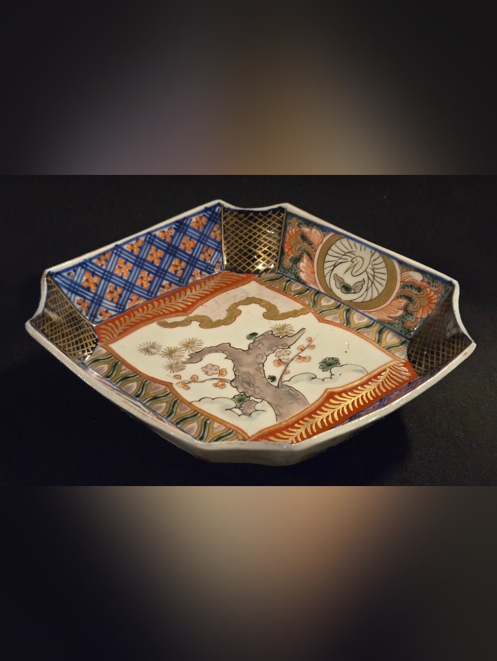 Vintage Japanese Eight Sided Porcelain Dish In Orange, Blue and Gold